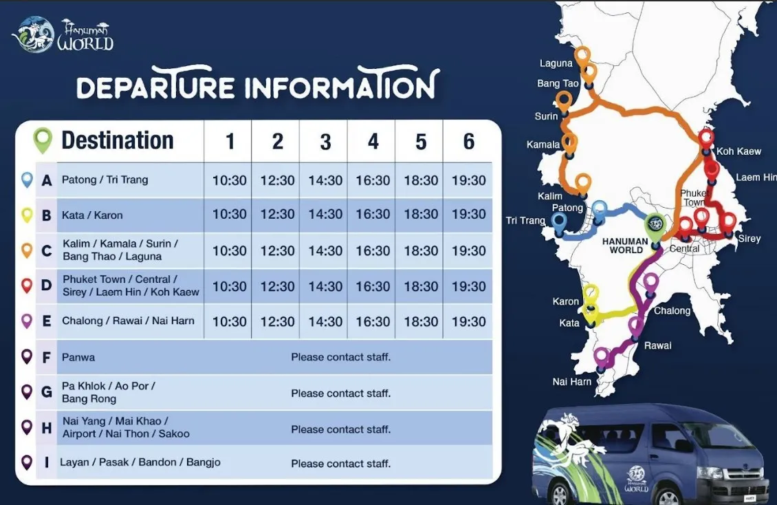 Details of the van's pick-up and drop-off times at the accommodation hotel