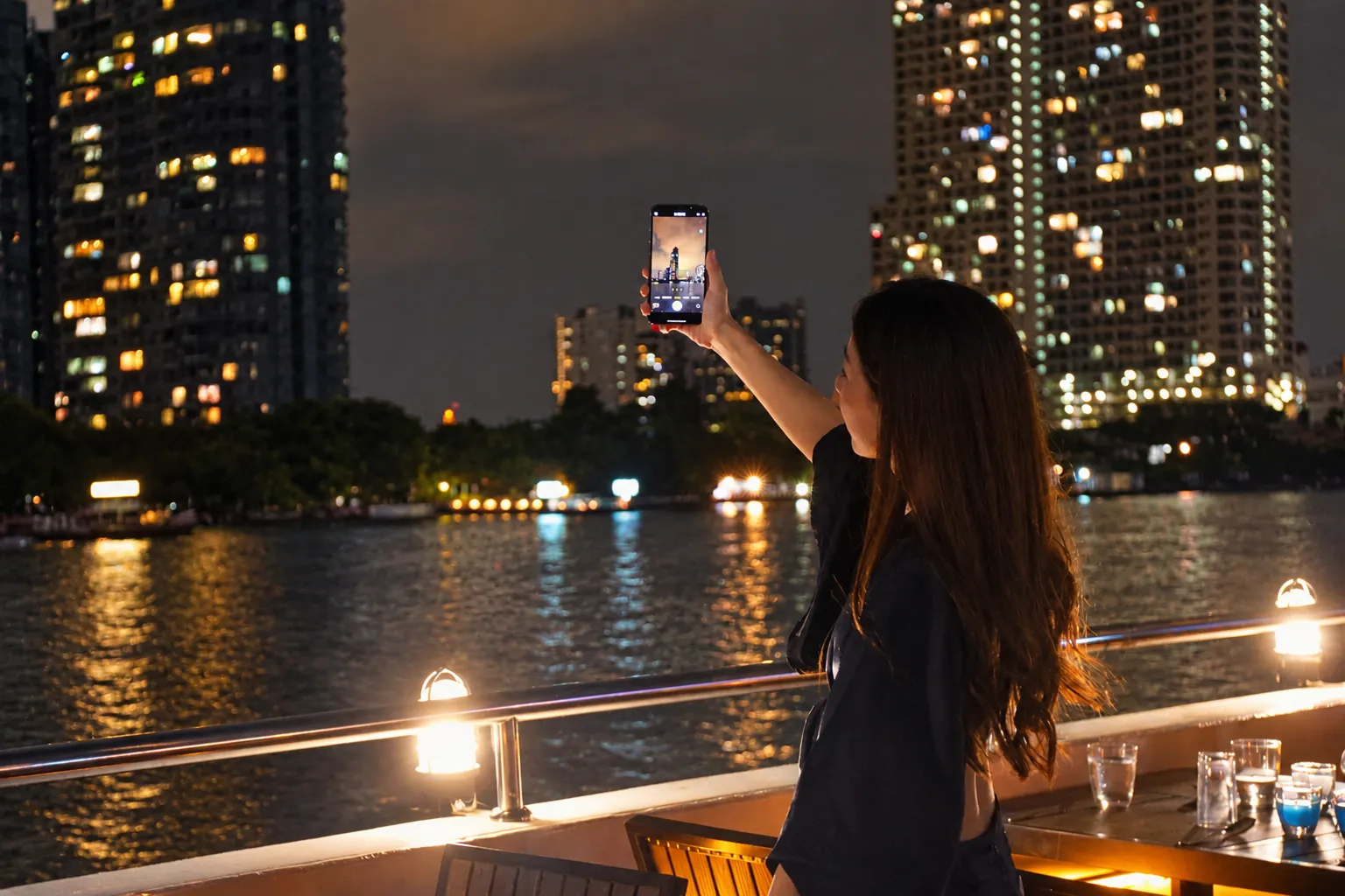หยิบมือถือถ่ายภาพวิวแม่น้ำเจ้าพระยาบนเรือดินเนอร์วีว่า อลังกา ครูซ